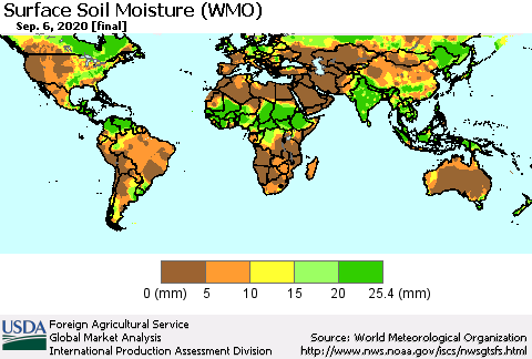 World Surface Soil Moisture (WMO) Thematic Map For 8/31/2020 - 9/6/2020