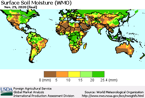World Surface Soil Moisture (WMO) Thematic Map For 11/23/2020 - 11/29/2020