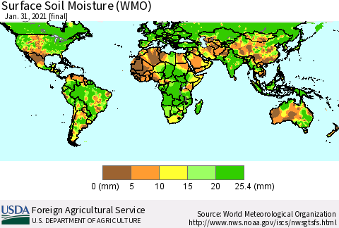 World Surface Soil Moisture (WMO) Thematic Map For 1/25/2021 - 1/31/2021