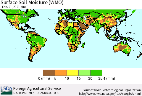 World Surface Soil Moisture (WMO) Thematic Map For 2/15/2021 - 2/21/2021