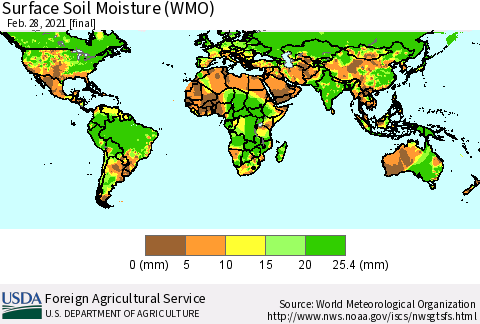 World Surface Soil Moisture (WMO) Thematic Map For 2/22/2021 - 2/28/2021