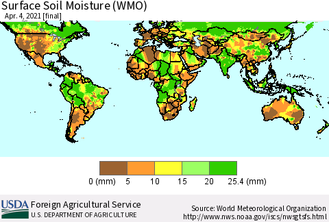 World Surface Soil Moisture (WMO) Thematic Map For 3/29/2021 - 4/4/2021