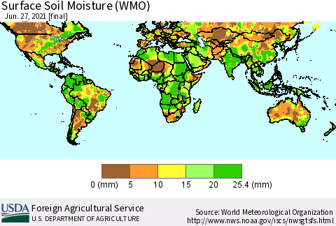 World Surface Soil Moisture (WMO) Thematic Map For 6/21/2021 - 6/27/2021