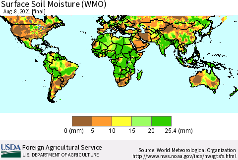World Surface Soil Moisture (WMO) Thematic Map For 8/2/2021 - 8/8/2021