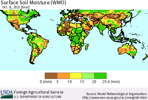 World Surface Soil Moisture (WMO) Thematic Map For 10/25/2021 - 10/31/2021