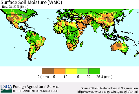 World Surface Soil Moisture (WMO) Thematic Map For 11/22/2021 - 11/28/2021