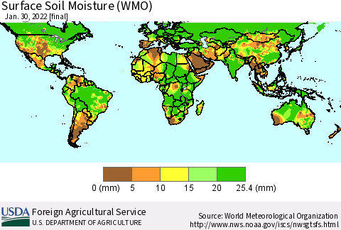 World Surface Soil Moisture (WMO) Thematic Map For 1/24/2022 - 1/30/2022