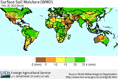 World Surface Soil Moisture (WMO) Thematic Map For 2/14/2022 - 2/20/2022