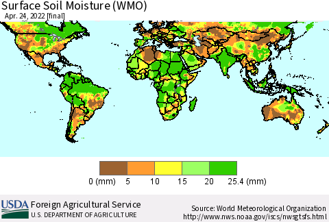 World Surface Soil Moisture (WMO) Thematic Map For 4/18/2022 - 4/24/2022