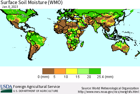 World Surface Soil Moisture (WMO) Thematic Map For 1/2/2023 - 1/8/2023