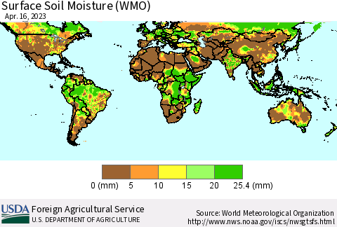 World Surface Soil Moisture (WMO) Thematic Map For 4/10/2023 - 4/16/2023