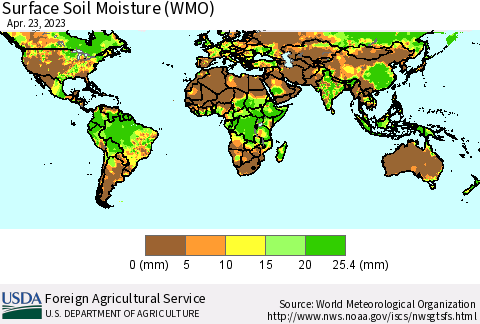 World Surface Soil Moisture (WMO) Thematic Map For 4/17/2023 - 4/23/2023