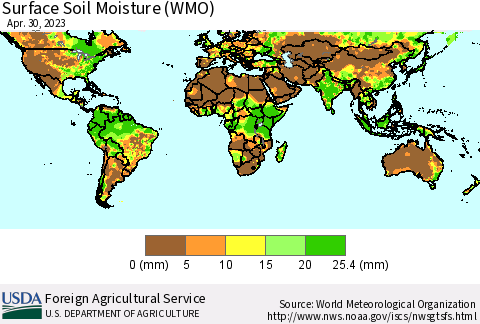 World Surface Soil Moisture (WMO) Thematic Map For 4/24/2023 - 4/30/2023