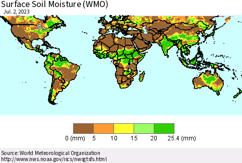 World Surface Soil Moisture (WMO) Thematic Map For 6/26/2023 - 7/2/2023