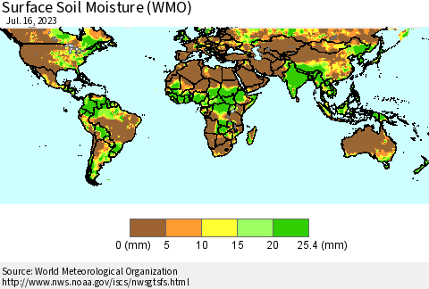 World Surface Soil Moisture (WMO) Thematic Map For 7/10/2023 - 7/16/2023
