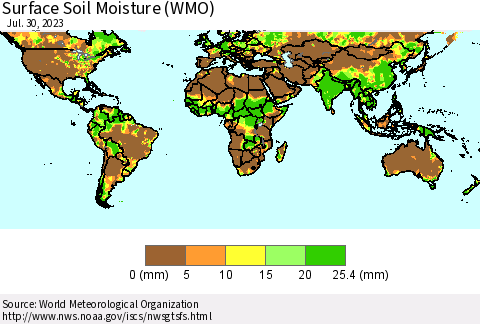 World Surface Soil Moisture (WMO) Thematic Map For 7/24/2023 - 7/30/2023