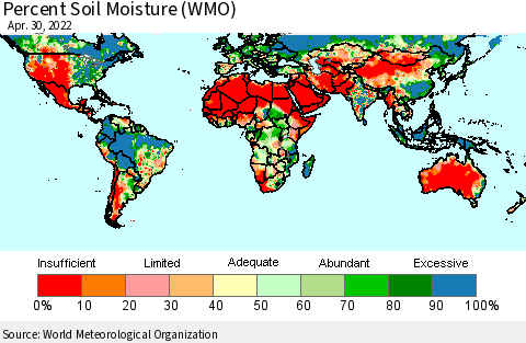 World Percent Soil Moisture (WMO) Thematic Map For 4/26/2022 - 4/30/2022