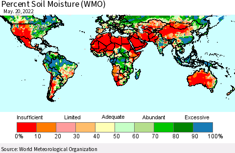 World Percent Soil Moisture (WMO) Thematic Map For 5/16/2022 - 5/20/2022