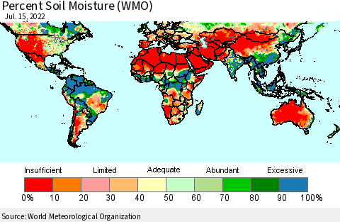 World Percent Soil Moisture (WMO) Thematic Map For 7/11/2022 - 7/15/2022