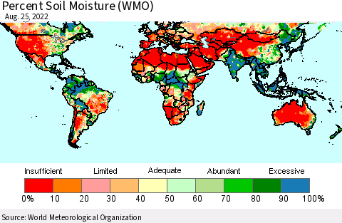 World Percent Soil Moisture (WMO) Thematic Map For 8/21/2022 - 8/25/2022