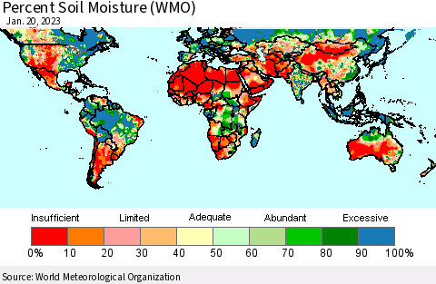 World Percent Soil Moisture (WMO) Thematic Map For 1/16/2023 - 1/20/2023