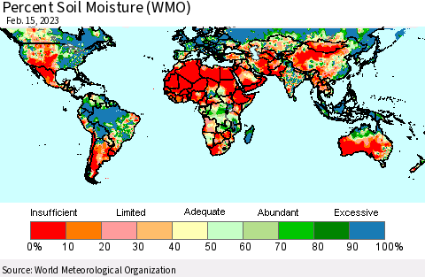 World Percent Soil Moisture (WMO) Thematic Map For 2/11/2023 - 2/15/2023