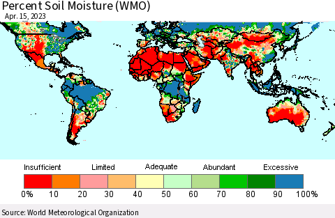 World Percent Soil Moisture (WMO) Thematic Map For 4/11/2023 - 4/15/2023