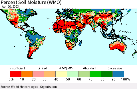 World Percent Soil Moisture (WMO) Thematic Map For 4/26/2023 - 4/30/2023