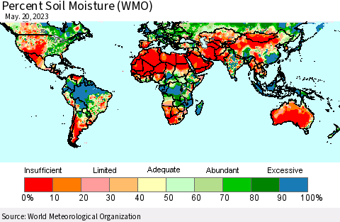 World Percent Soil Moisture (WMO) Thematic Map For 5/16/2023 - 5/20/2023
