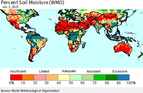 World Percent Soil Moisture (WMO) Thematic Map For 6/1/2023 - 6/5/2023