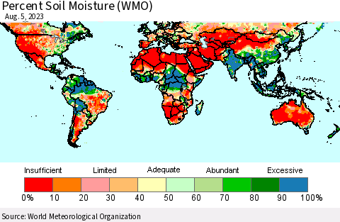 World Percent Soil Moisture (WMO) Thematic Map For 8/1/2023 - 8/5/2023
