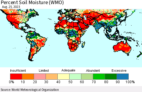 World Percent Soil Moisture (WMO) Thematic Map For 8/21/2023 - 8/25/2023
