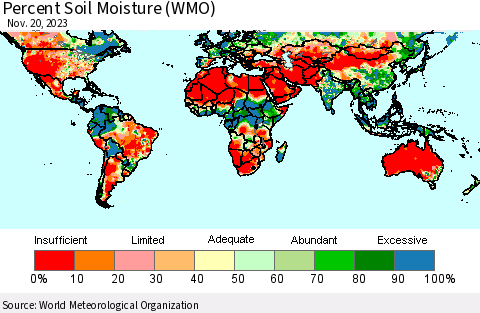 World Percent Soil Moisture (WMO) Thematic Map For 11/16/2023 - 11/20/2023
