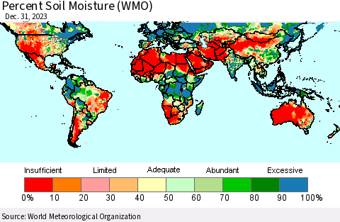 World Percent Soil Moisture (WMO) Thematic Map For 12/26/2023 - 12/31/2023