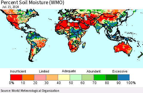 World Percent Soil Moisture (WMO) Thematic Map For 7/11/2024 - 7/15/2024