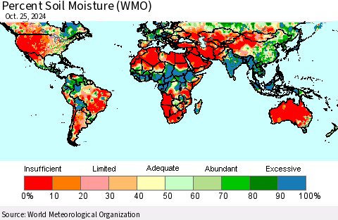 World Percent Soil Moisture (WMO) Thematic Map For 10/21/2024 - 10/25/2024