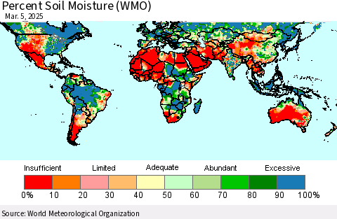 World Percent Soil Moisture (WMO) Thematic Map For 3/1/2025 - 3/5/2025
