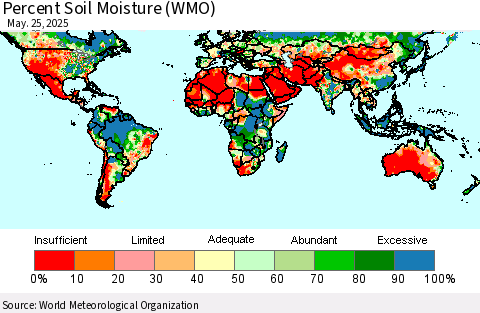 World Percent Soil Moisture (WMO) Thematic Map For 5/21/2025 - 5/25/2025