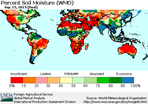 World Percent Soil Moisture (WMO) Thematic Map For 9/9/2019 - 9/15/2019