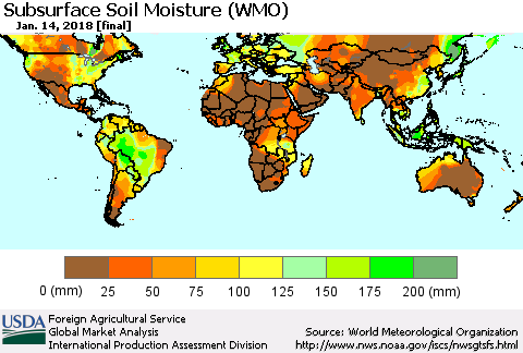 World Subsurface Soil Moisture (WMO) Thematic Map For 1/8/2018 - 1/14/2018