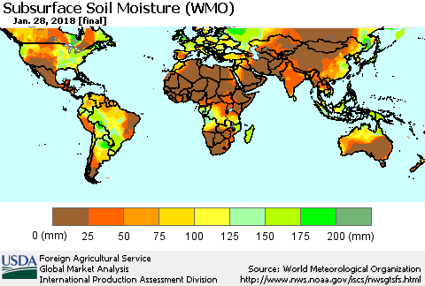 World Subsurface Soil Moisture (WMO) Thematic Map For 1/22/2018 - 1/28/2018