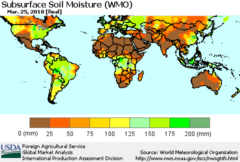World Subsurface Soil Moisture (WMO) Thematic Map For 3/19/2018 - 3/25/2018