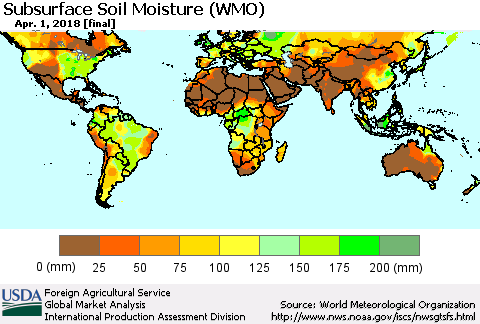 World Subsurface Soil Moisture (WMO) Thematic Map For 3/26/2018 - 4/1/2018