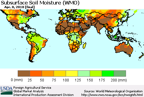 World Subsurface Soil Moisture (WMO) Thematic Map For 4/2/2018 - 4/8/2018