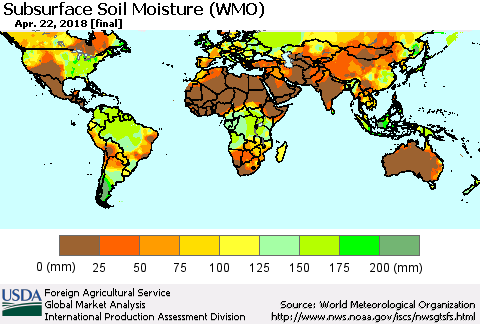 World Subsurface Soil Moisture (WMO) Thematic Map For 4/16/2018 - 4/22/2018