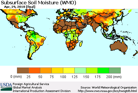 World Subsurface Soil Moisture (WMO) Thematic Map For 4/23/2018 - 4/29/2018