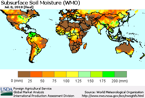 World Subsurface Soil Moisture (WMO) Thematic Map For 7/2/2018 - 7/8/2018