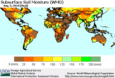 World Subsurface Soil Moisture (WMO) Thematic Map For 7/30/2018 - 8/5/2018