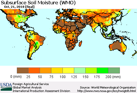 World Subsurface Soil Moisture (WMO) Thematic Map For 10/15/2018 - 10/21/2018
