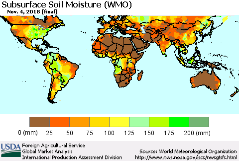 World Subsurface Soil Moisture (WMO) Thematic Map For 10/29/2018 - 11/4/2018